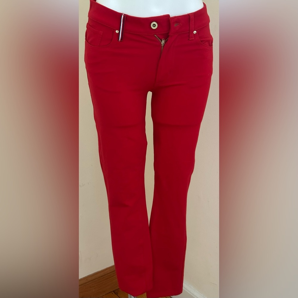 TOMMY HILFIGER  Bright Red Skinny Leg Low Rise Pockets Pants Logo On Pocket Sz 4